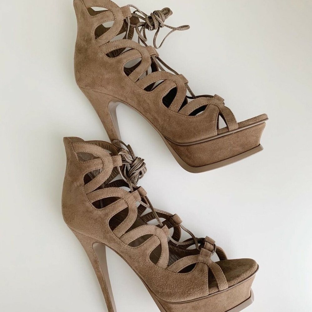 NEW YSL Saint Laurent Tribute Lace Up Platform Sandals in Taupe Suede Size 7